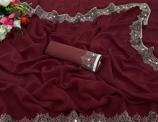 FASHION SOFT GEORGETTE WITH SIROSKI DIAMONDS WORK WEDDING CREATION & PARTY WEAR SAREE - Image 4