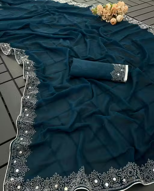 FASHION SOFT GEORGETTE WITH SIROSKI DIAMONDS WORK WEDDING CREATION & PARTY WEAR SAREE - Image 2