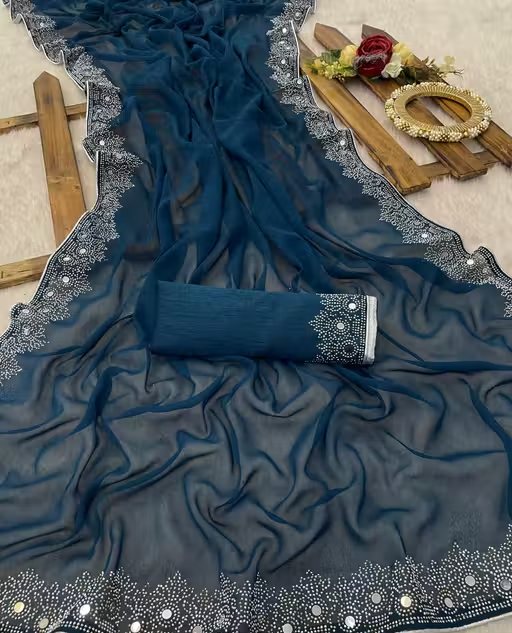 FASHION SOFT GEORGETTE WITH SIROSKI DIAMONDS WORK WEDDING CREATION & PARTY WEAR SAREE - Image 3