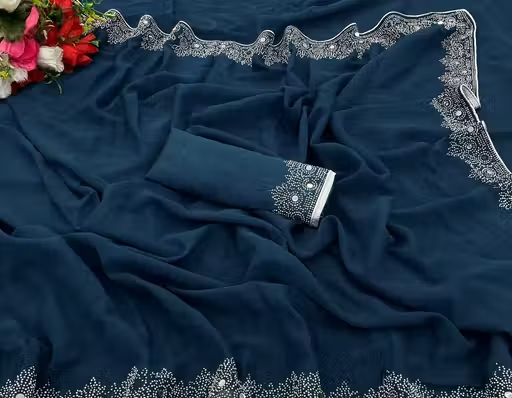 FASHION SOFT GEORGETTE WITH SIROSKI DIAMONDS WORK WEDDING CREATION & PARTY WEAR SAREE - Image 4