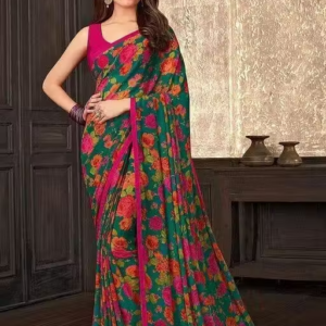 Georgette Green Saree With Blouse