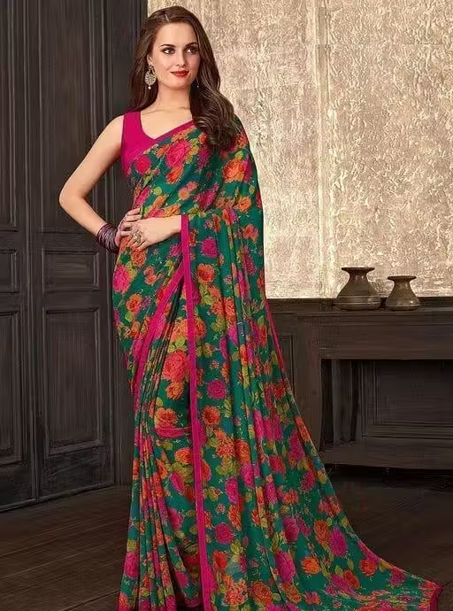Georgette Green Saree With Blouse