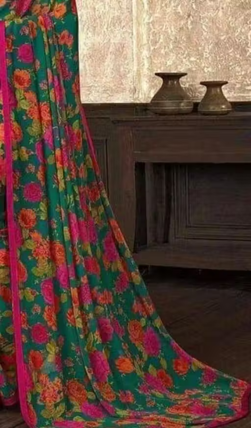 Georgette Green Saree With Blouse - Image 4
