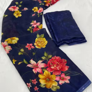Dori Sarees Navy Blue Georgette Saree With sari For Woman With Blouse Piece