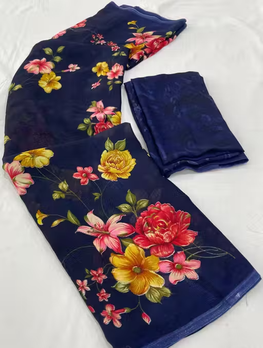 Dori Sarees Navy Blue Georgette Saree With sari For Woman With Blouse Piece