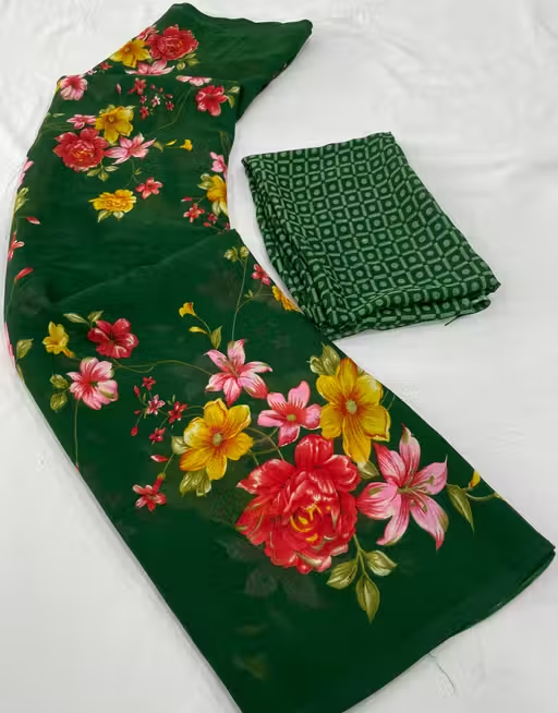 Dori Sarees Dark Green Georgette Saree With sari For Woman With Blouse Piece