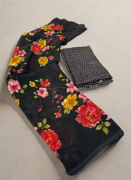 Dori Sarees Black Georgette Saree With sari For Woman With Blouse Piece