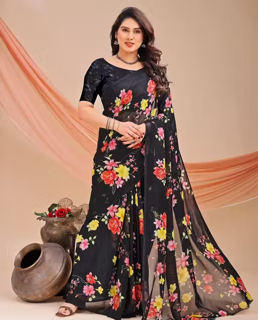 Dori Sarees Black Georgette Saree With sari For Woman With Blouse Piece - Image 2