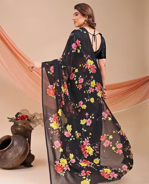 Dori Sarees Black Georgette Saree With sari For Woman With Blouse Piece - Image 3