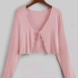 Long Sleeve Rib Knit Tie Front Cropped Cardigan Top