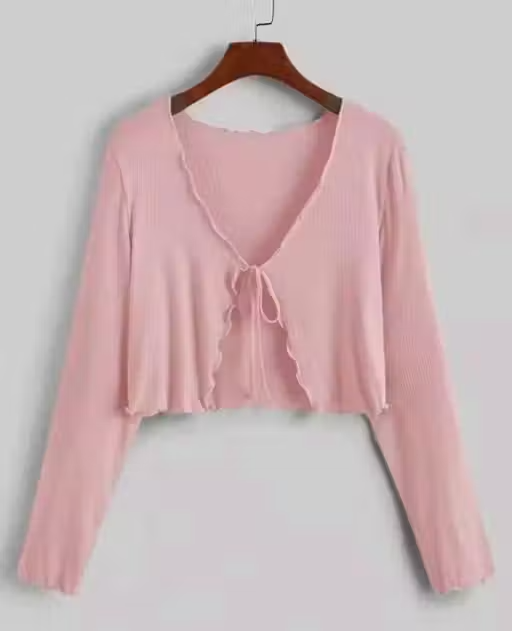 Long Sleeve Rib Knit Tie Front Cropped Cardigan Top
