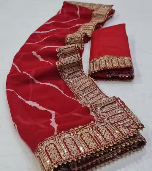 pure georgette beautiful leheriya print designer saree with sequence gota pati lace border saree for wedding and party wear