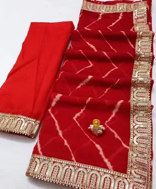 pure georgette beautiful leheriya print designer saree with sequence gota pati lace border saree for wedding and party wear - Image 2