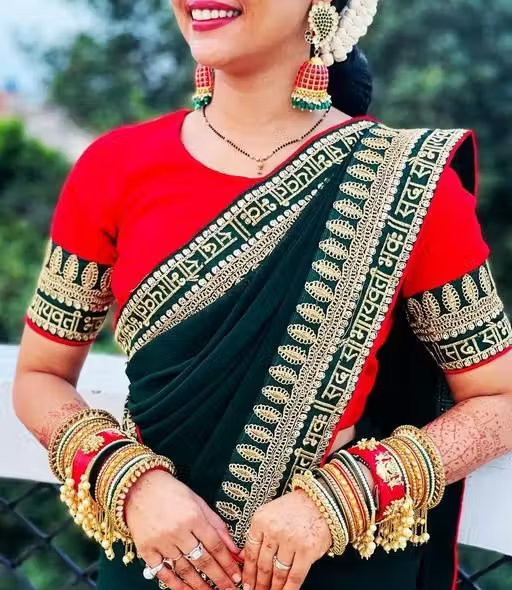Embroidered Daily Wear Georgette Sada Saubhagyavati Bhav Saree (Green)