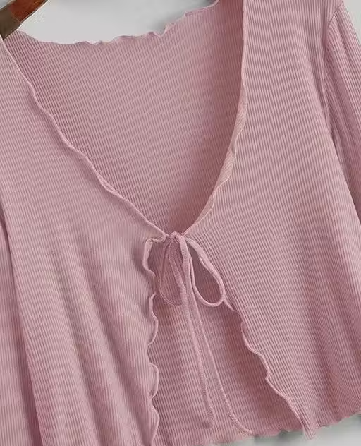Long Sleeve Rib Knit Tie Front Cropped Cardigan Top - Image 2