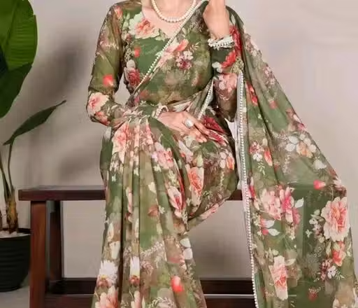 Gorgeous georgette saree with digitally printed flowers for the contemporary woman. Style and grace go together effortlessly.