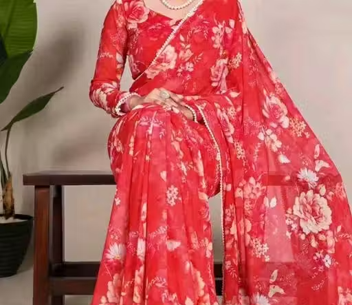 Gorgeous georgette saree with digitally printed flowers for the contemporary woman. Style and grace go together effortlessly. - Image 2