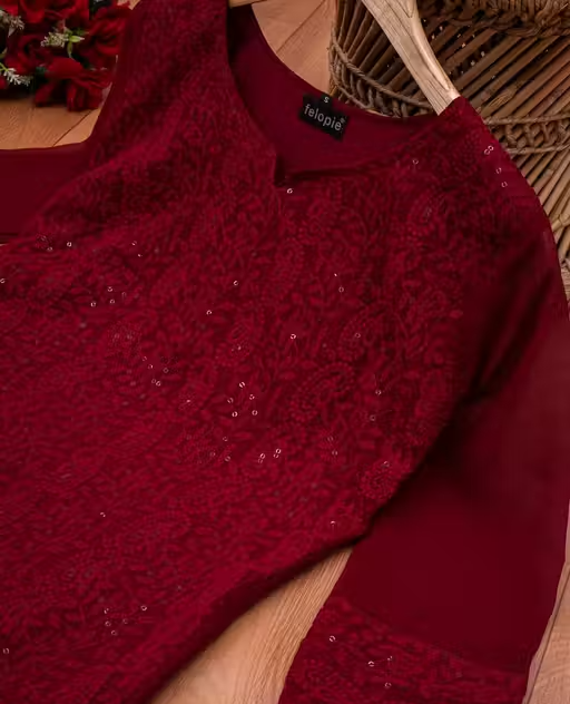 kurti for women (Maroon kurti)/Chikankari sequince work kurti - Image 2