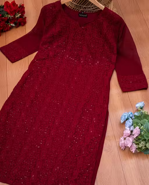 kurti for women (Maroon kurti)/Chikankari sequince work kurti - Image 3