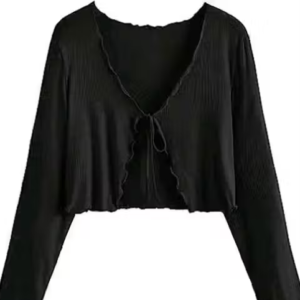 Long Sleeve Rib Knit Tie Front Cropped Cardigan Top