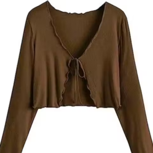 Long Sleeve Rib Knit Tie Front Cropped Cardigan Top