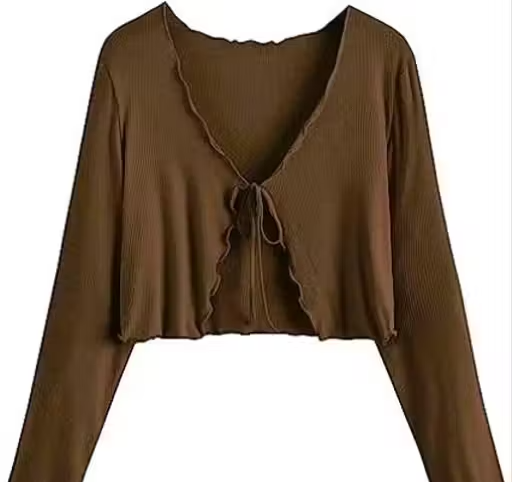 Long Sleeve Rib Knit Tie Front Cropped Cardigan Top