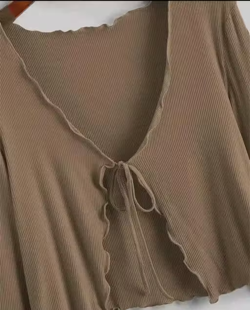 Long Sleeve Rib Knit Tie Front Cropped Cardigan Top - Image 3