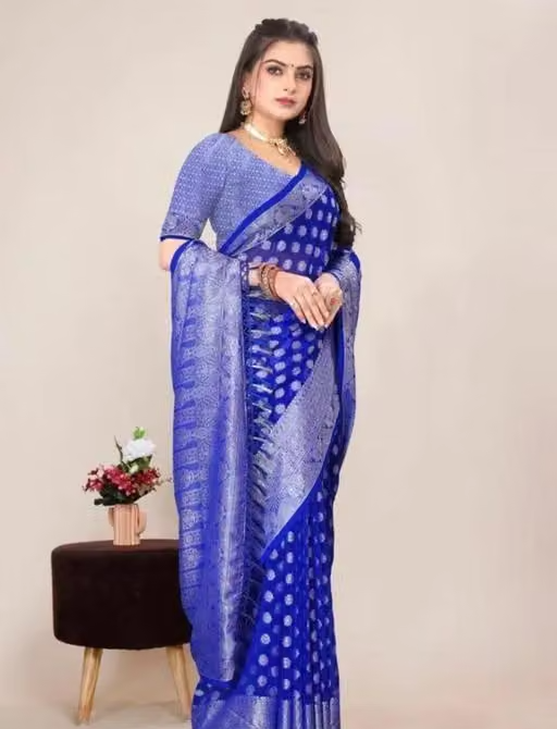 Georgette Silver Buti Silk Saree with Zalar and Siroski - Image 2