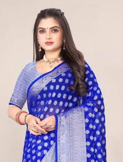 Georgette Silver Buti Silk Saree with Zalar and Siroski - Image 4