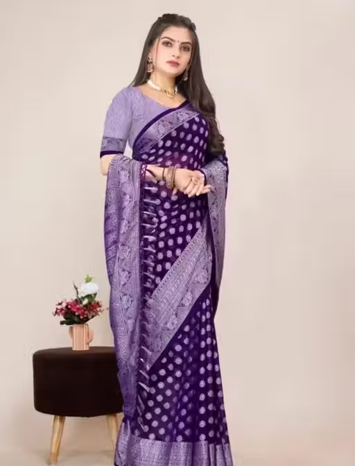 Georgette Silver Buti Silk Saree with Zalar and Siroski - Image 2