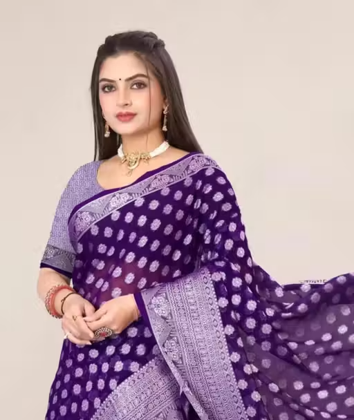 Georgette Silver Buti Silk Saree with Zalar and Siroski - Image 4
