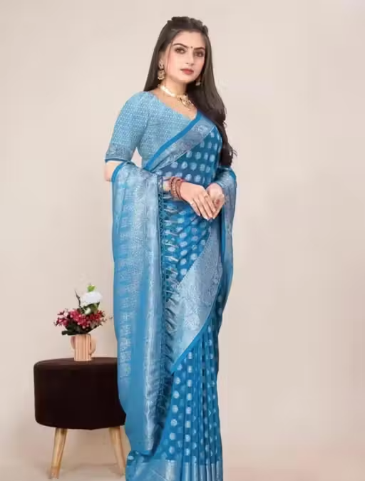 Georgette Silver Buti Silk Saree with Zalar and Siroski - Image 2