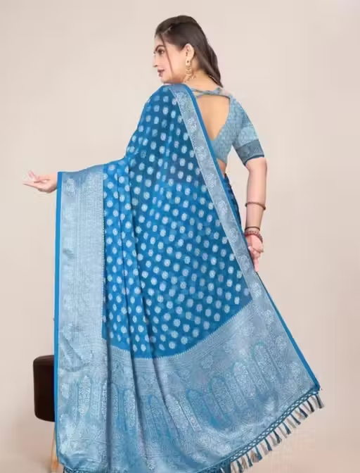 Georgette Silver Buti Silk Saree with Zalar and Siroski - Image 3
