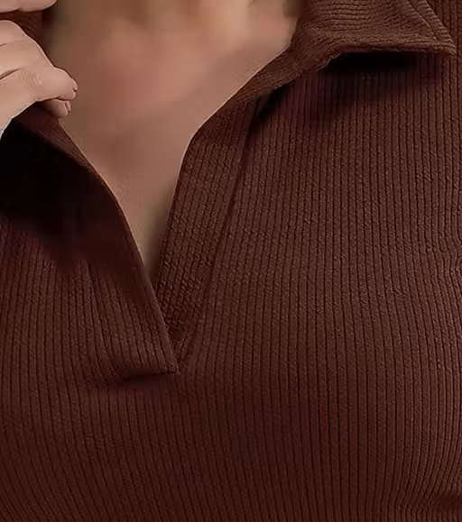 Casual Ribbed Collar V-Neck Coffee Top for Women - Image 2
