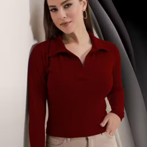 Casual Ribbed Collar V-Neck Maroon Top for Women