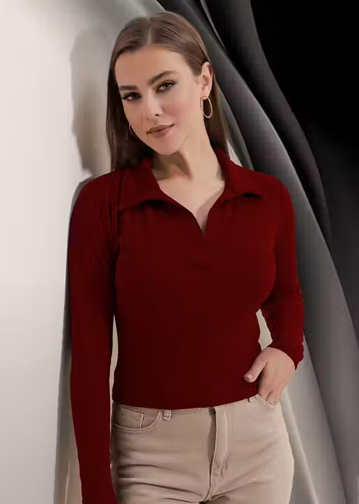 Casual Ribbed Collar V-Neck Maroon Top for Women