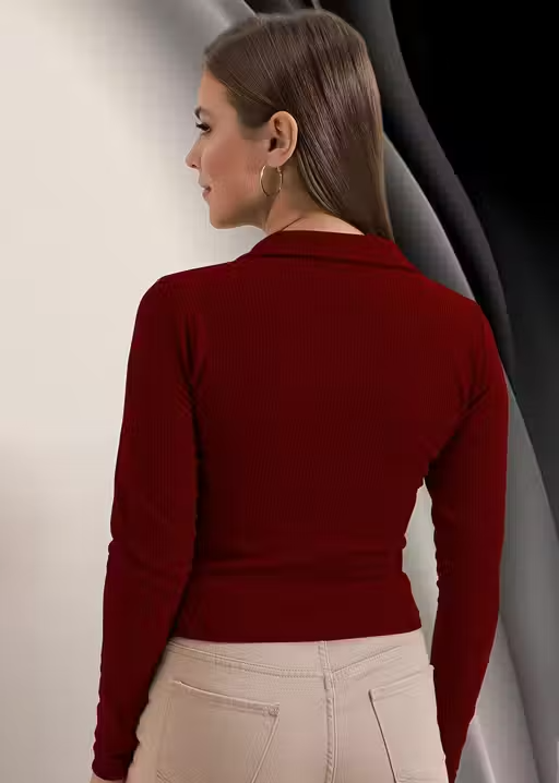 Casual Ribbed Collar V-Neck Maroon Top for Women - Image 2