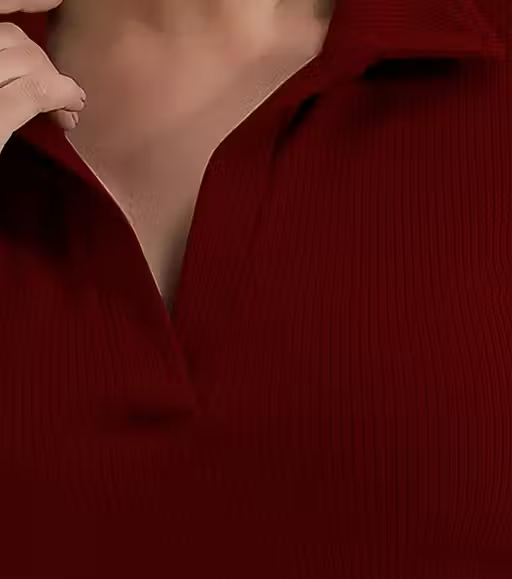 Casual Ribbed Collar V-Neck Maroon Top for Women - Image 3