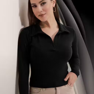 Casual Ribbed Collar V-Neck Maroon Top for Women