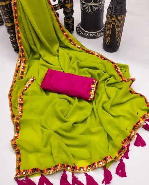 Gs Thakur Fab Women's Georgette Fancy Lace Saree with Tussles Work, Unstitched Blouse