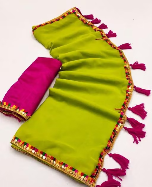 Gs Thakur Fab Women's Georgette Fancy Lace Saree with Tussles Work, Unstitched Blouse - Image 2