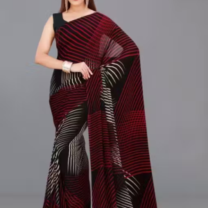 Soft Flowy Black Striped Georgette Saree Unstitched Blouse Piece | Simple Everyday Wear