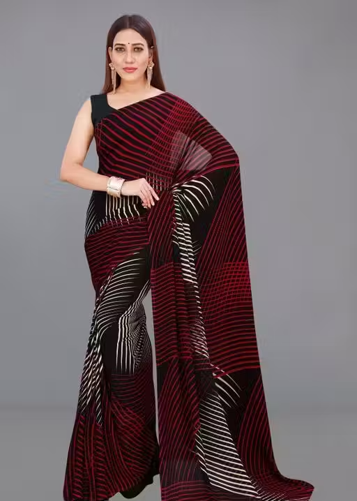 Soft Flowy Black Striped Georgette Saree Unstitched Blouse Piece | Simple Everyday Wear