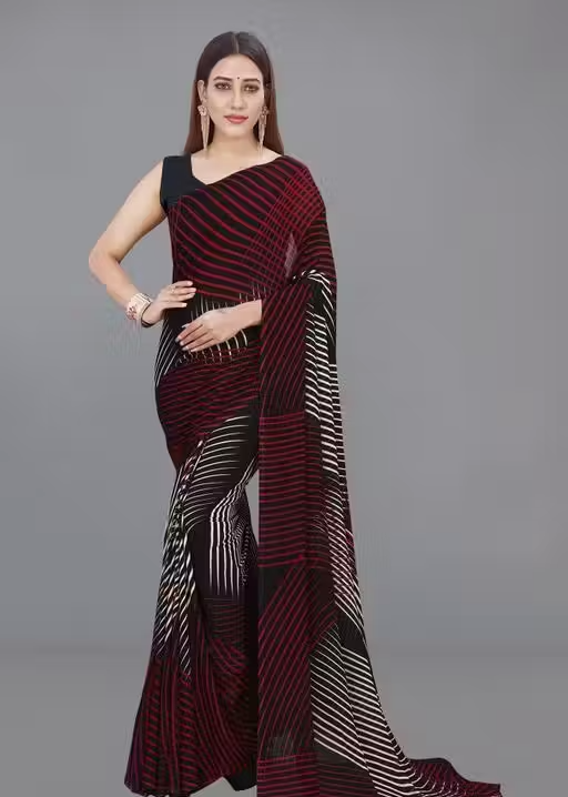 Soft Flowy Black Striped Georgette Saree Unstitched Blouse Piece | Simple Everyday Wear - Image 2