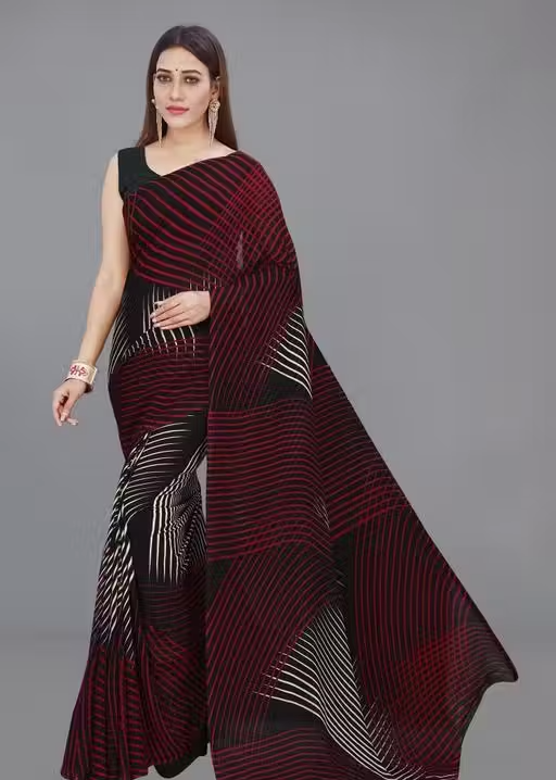 Soft Flowy Black Striped Georgette Saree Unstitched Blouse Piece | Simple Everyday Wear - Image 4