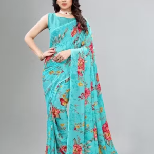 Georgette Aqua Blue Saree With Blouse