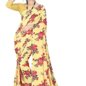 Georgette Cream Saree With Blouse