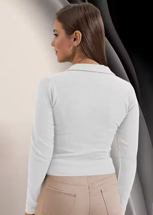 Casual Ribbed Collar V-Neck Maroon Top for Women - Image 2