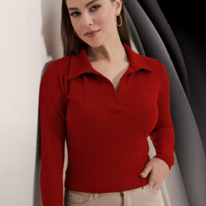Casual Ribbed Collar V-Neck Maroon Top for Women