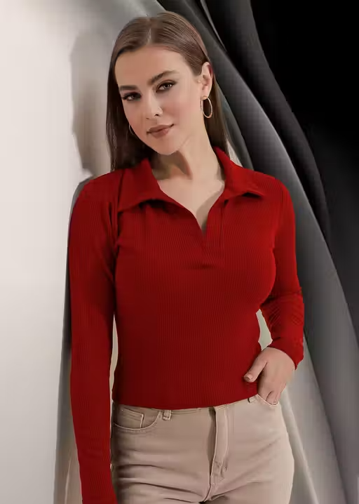 Casual Ribbed Collar V-Neck Maroon Top for Women